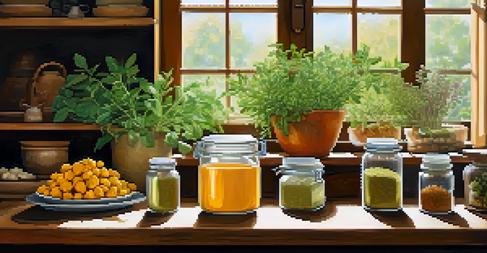 A wooden kitchen table with fresh herbs like turmeric and ginger, softly lit by natural light, and a shelf of herbal books in the background.