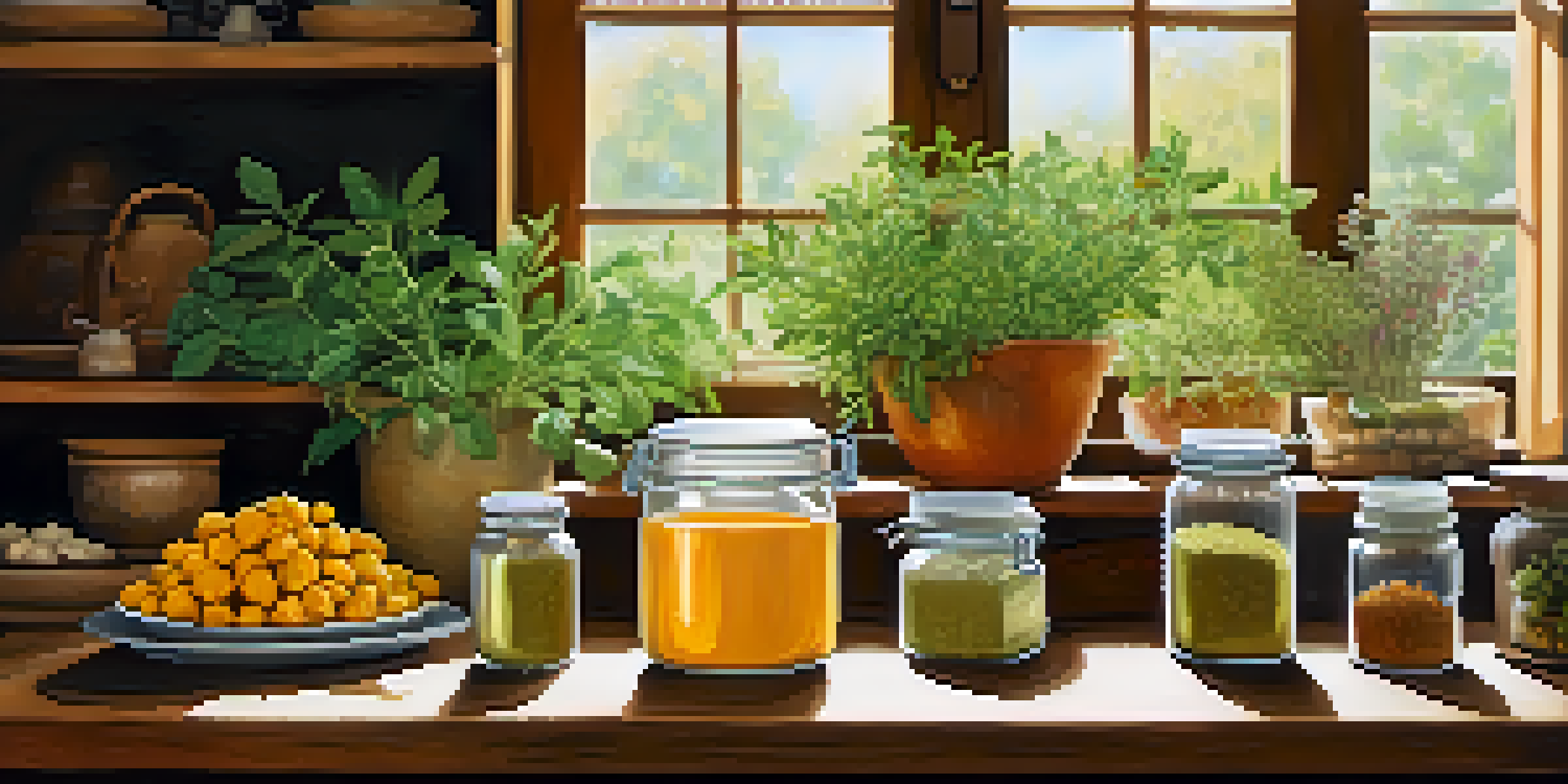 A wooden kitchen table with fresh herbs like turmeric and ginger, softly lit by natural light, and a shelf of herbal books in the background.