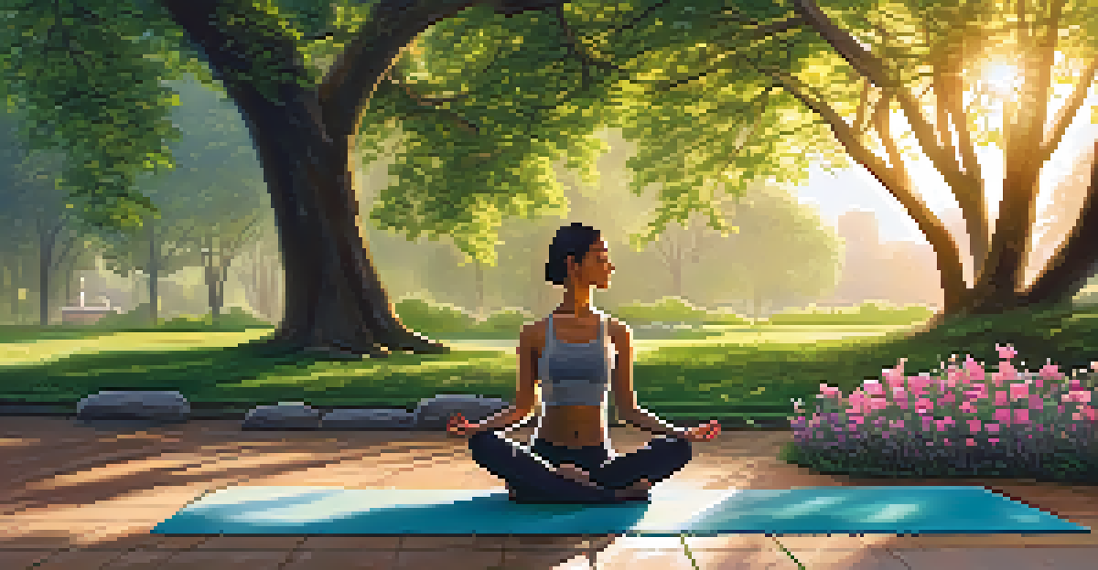 A person doing yoga in a peaceful park during sunset, surrounded by flowers and trees.