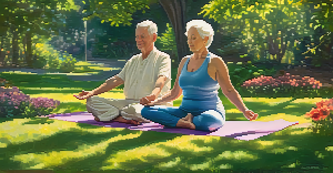 An elderly couple practicing yoga in a sunlit park, surrounded by trees and flowers, with soft morning light filtering through the leaves.