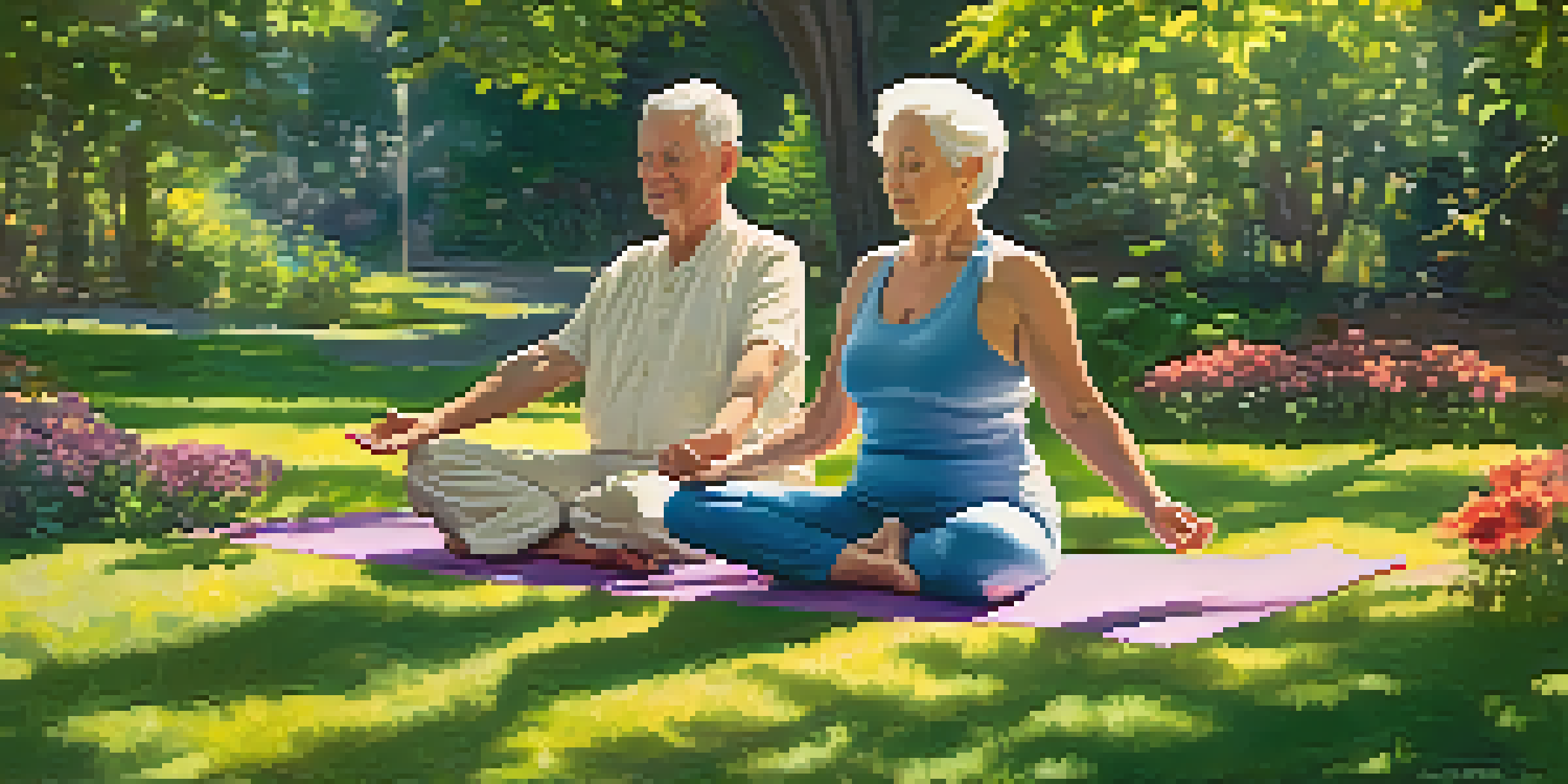 An elderly couple practicing yoga in a sunlit park, surrounded by trees and flowers, with soft morning light filtering through the leaves.