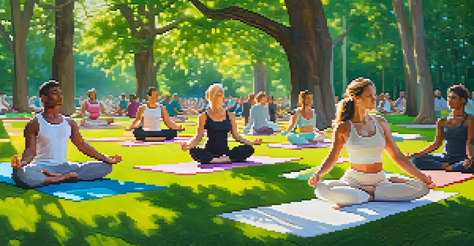 A diverse group of individuals practicing yoga in a sunny park surrounded by greenery and flowers.