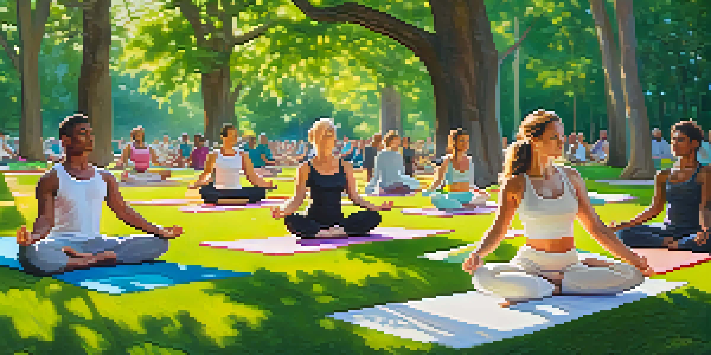 A diverse group of individuals practicing yoga in a sunny park surrounded by greenery and flowers.