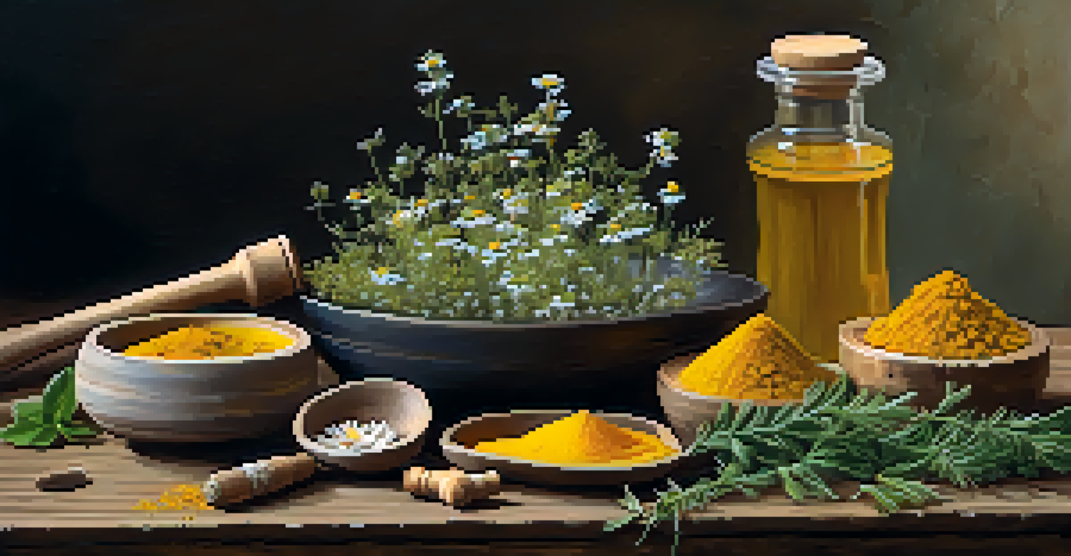 A collection of traditional herbs like turmeric and chamomile arranged on a wooden table with soft lighting, showcasing their textures.