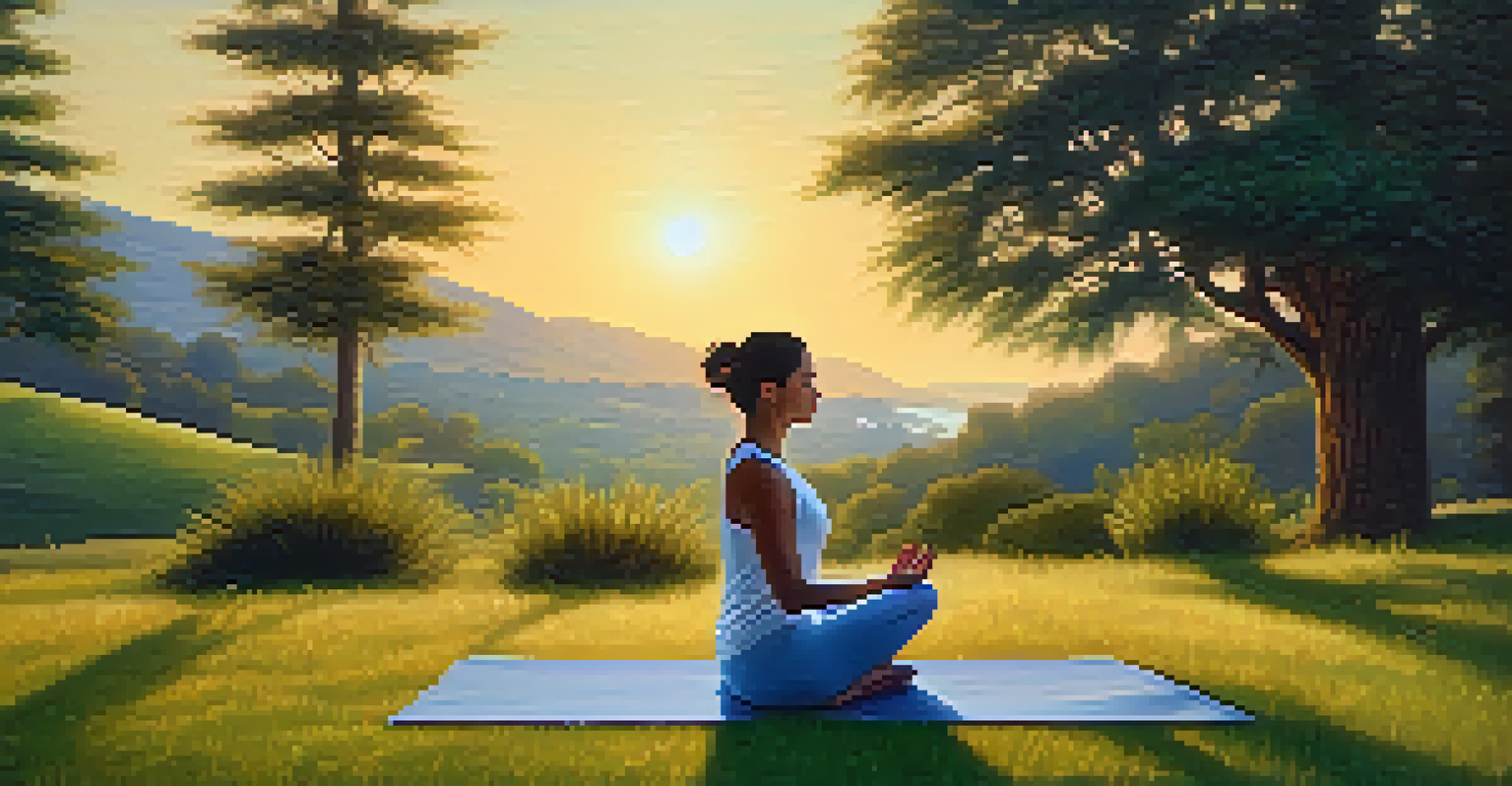 A person doing yoga on a hill at sunrise, surrounded by nature and soft golden light, promoting peace and balance.