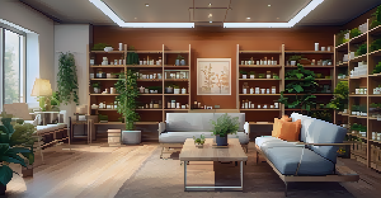 A naturopathic clinic interior with warm colors, soft lighting, and a practitioner discussing health options with a patient amidst herbal remedies and plants.