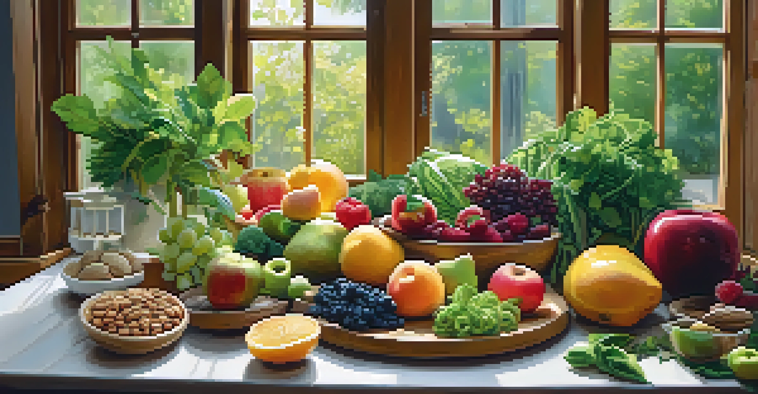 A display of colorful plant-based foods on a wooden table, showcasing a healthy diet.