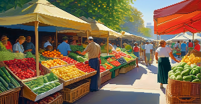A lively market filled with fresh fruits and vegetables in various colors, with people interacting and selecting produce.