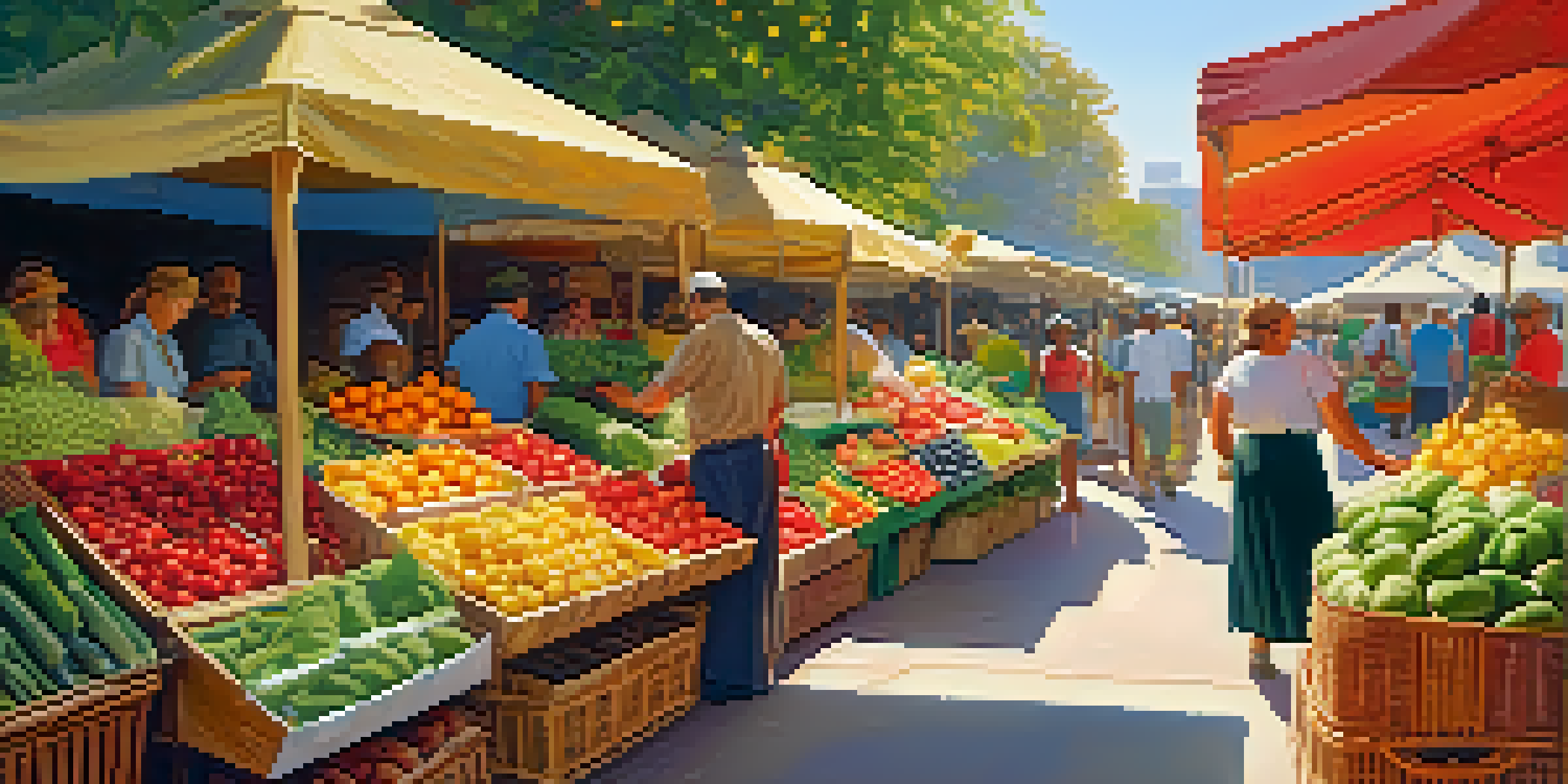 A lively market filled with fresh fruits and vegetables in various colors, with people interacting and selecting produce.