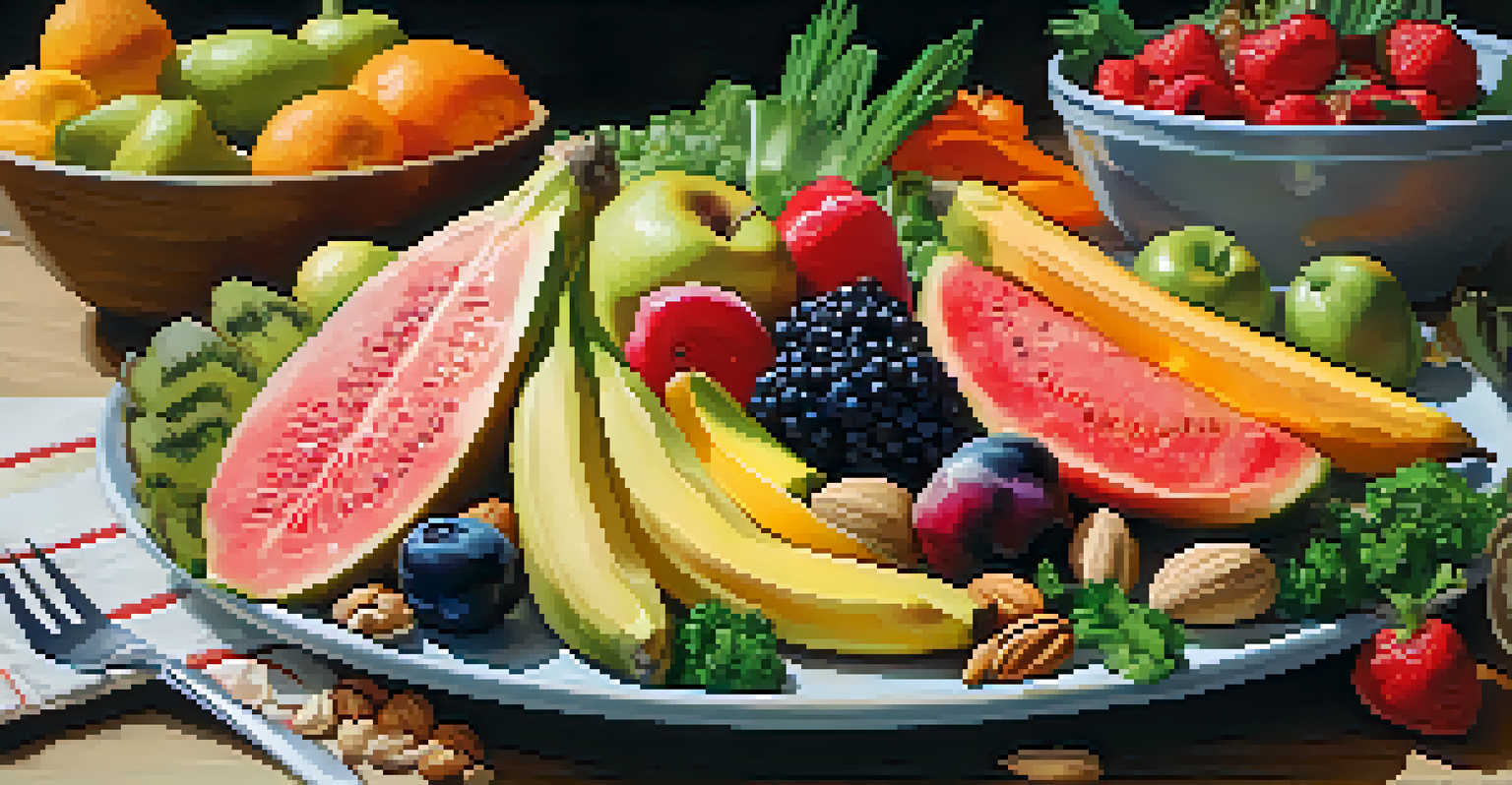 A vibrant plate of whole foods including fruits, vegetables, grains, and nuts, arranged beautifully and well-lit to emphasize healthy nutrition.