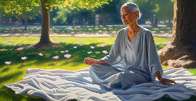 A cancer patient sitting on a blanket in a sunny park, practicing mindfulness surrounded by flowers and trees.