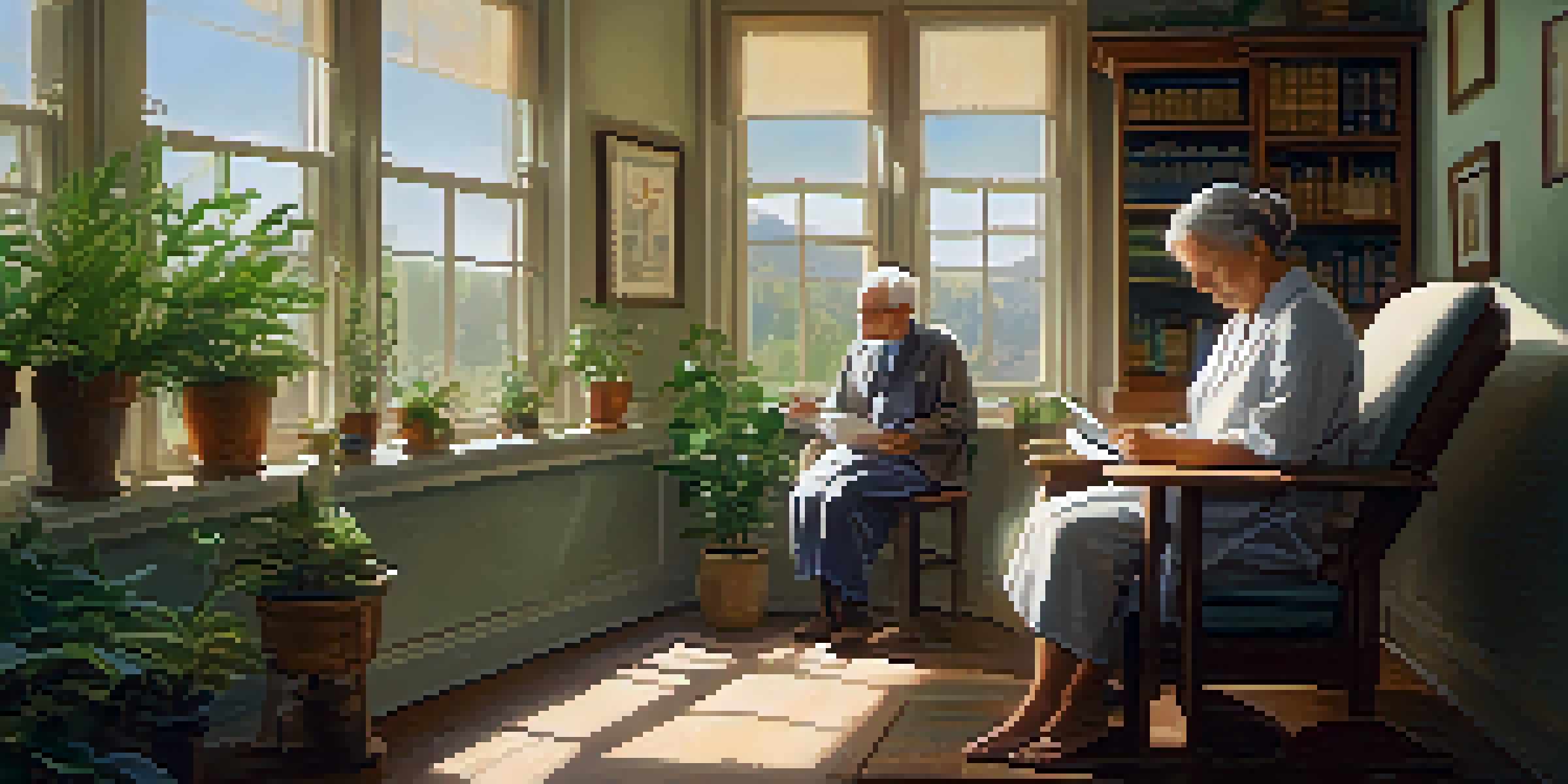 A naturopathic practitioner consults with an elderly patient in a sunlit room filled with plants and herbal remedies.