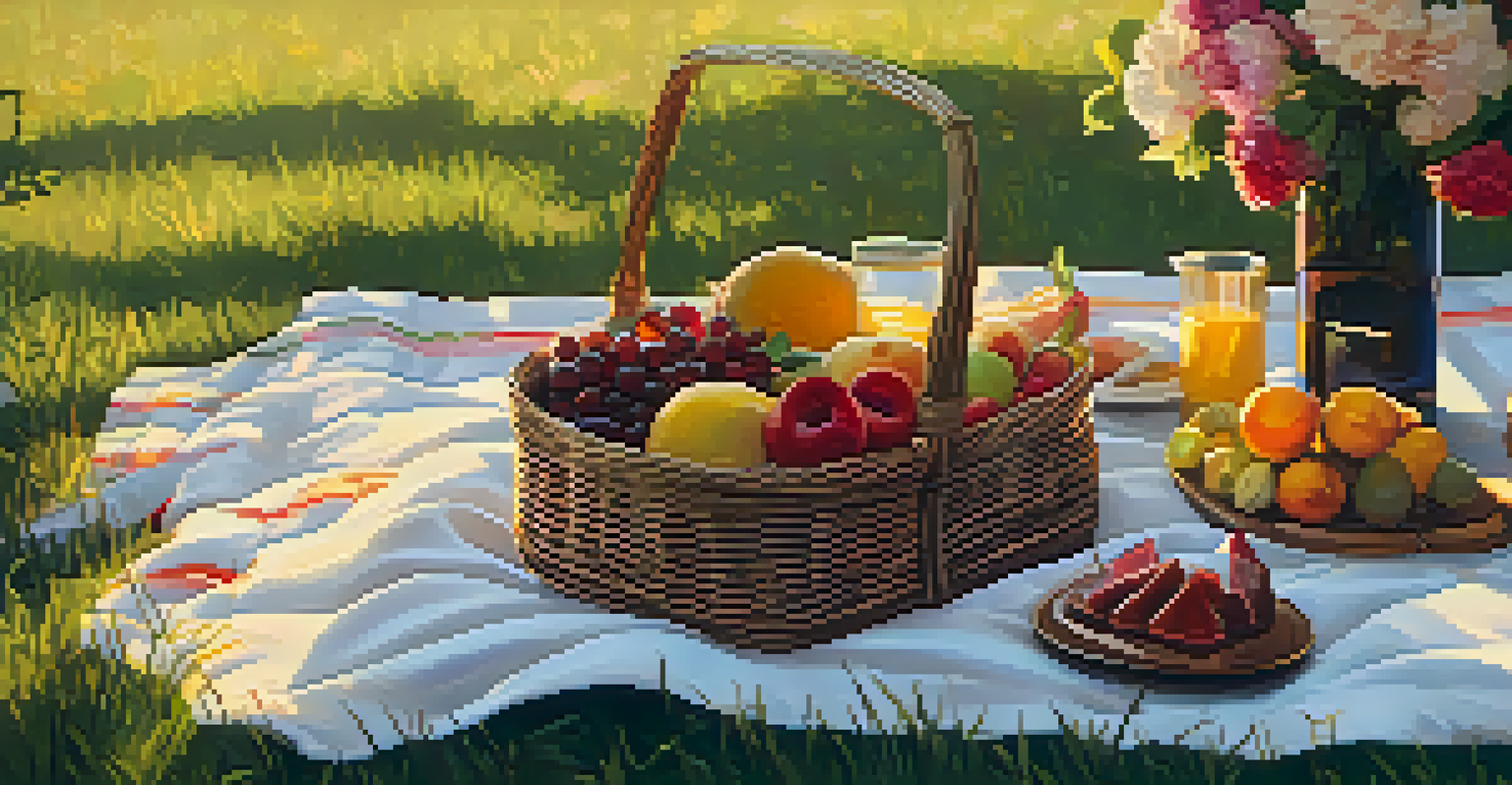 An outdoor picnic scene with an open journal and pen on a blanket, surrounded by flowers and fruit, with a sunset in the background.