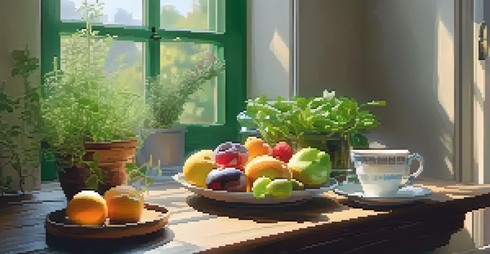 A peaceful corner with a wooden table filled with herbs, supplements, a journal, and a cup of herbal tea, illuminated by soft sunlight.