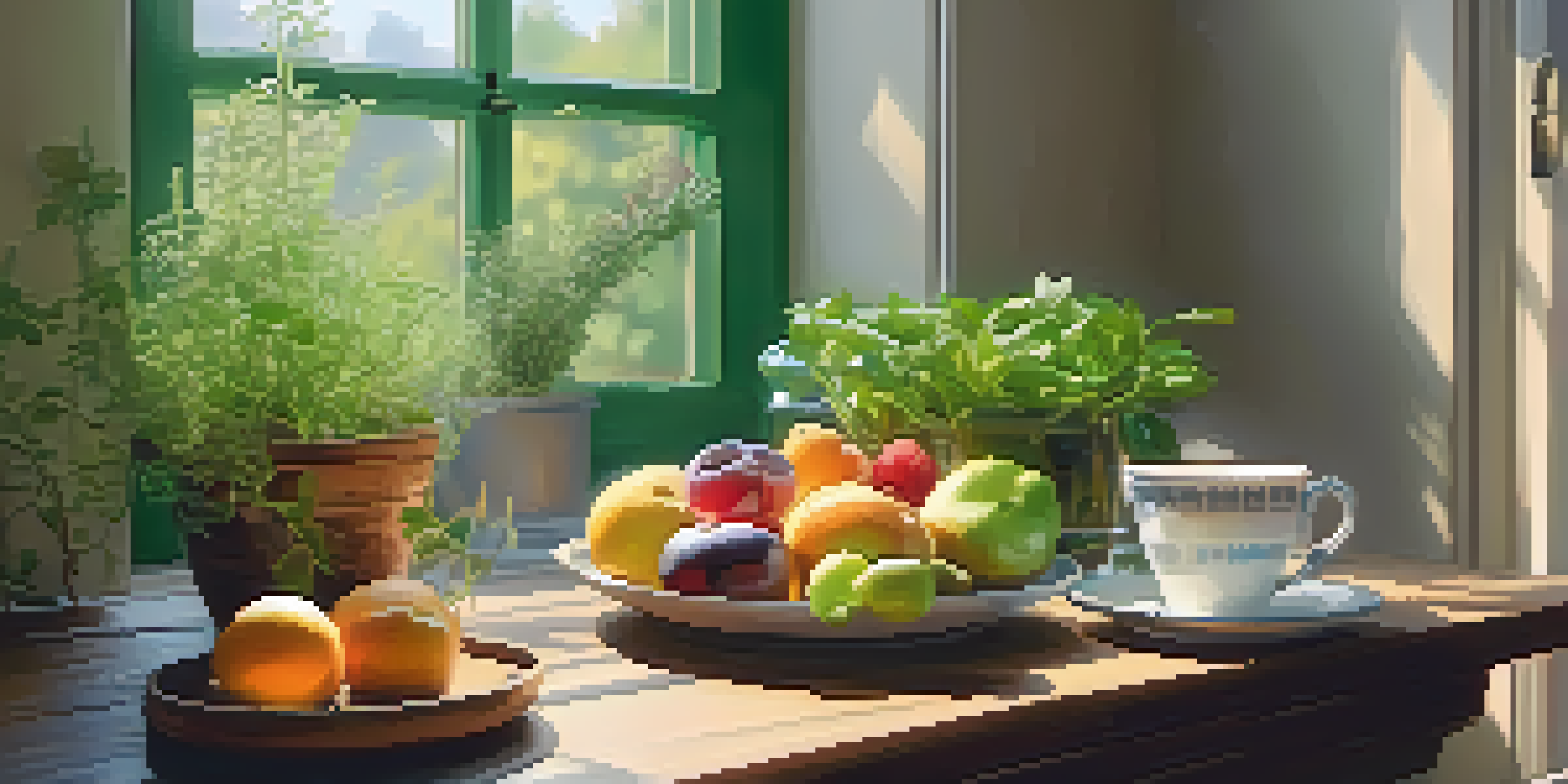 A peaceful corner with a wooden table filled with herbs, supplements, a journal, and a cup of herbal tea, illuminated by soft sunlight.