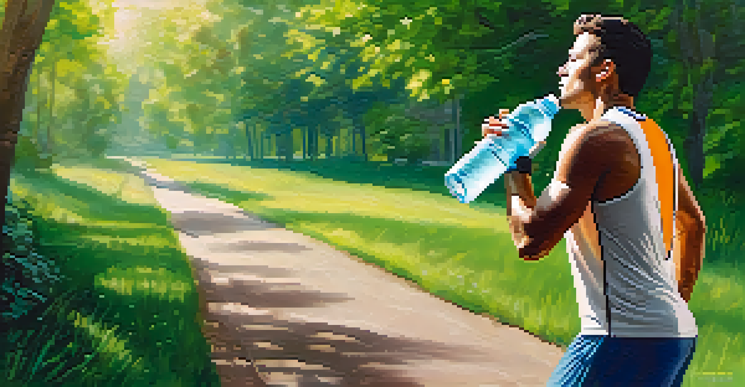 A man jogging in a park, drinking water from a reusable bottle, surrounded by green trees and grass, with sunlight streaming down, emphasizing a healthy and active lifestyle.