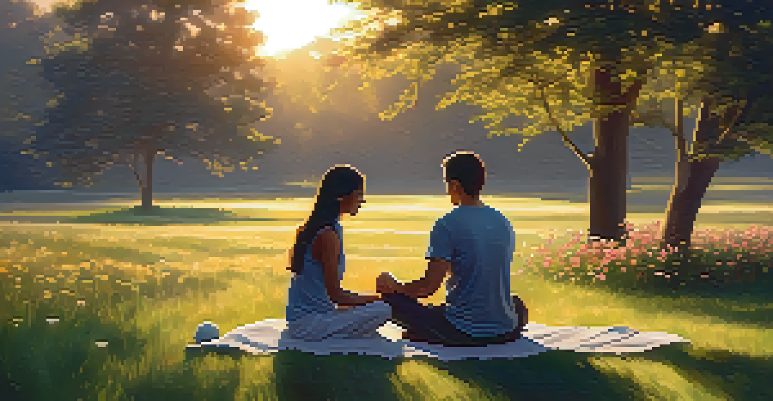 Two partners practicing mindfulness in a serene outdoor setting, sitting on grass surrounded by flowers during sunset.