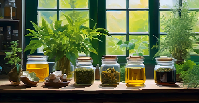 A tranquil workshop with a wooden table displaying herbs and a jar of CBD oil, illuminated by soft natural light.