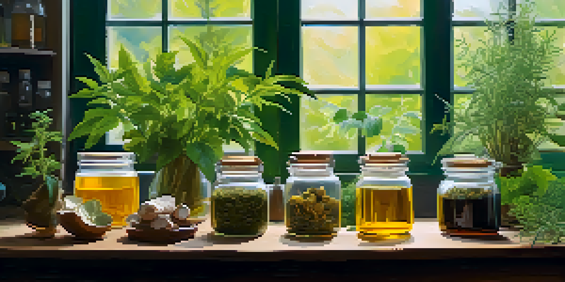 A tranquil workshop with a wooden table displaying herbs and a jar of CBD oil, illuminated by soft natural light.