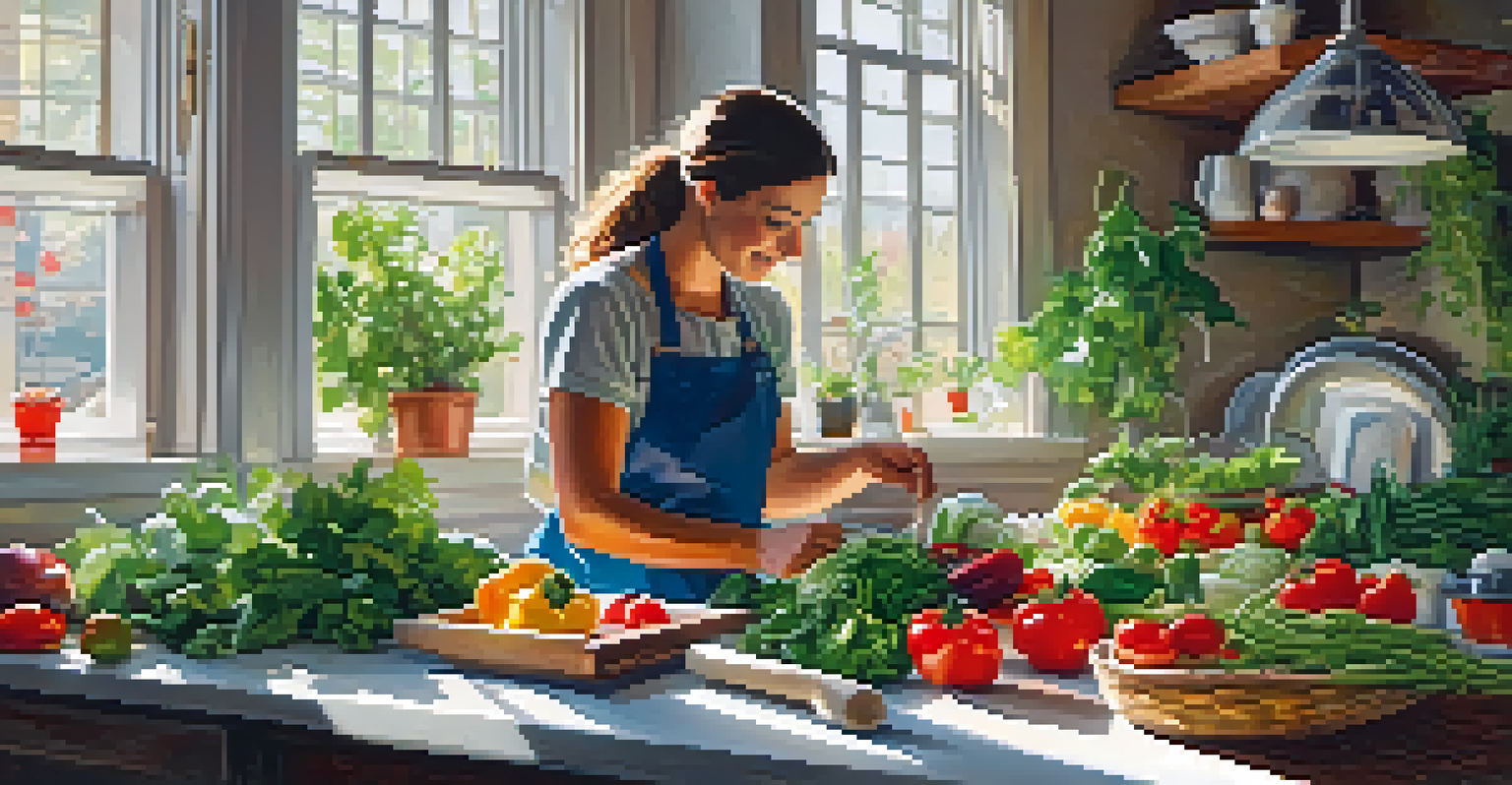 A person preparing a healthy meal in a bright kitchen with fresh vegetables and herbs on the countertop.