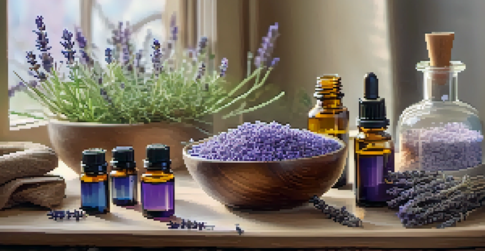 A peaceful wellness scene with essential oil bottles, lavender, peppermint plants, and a diffuser, under soft natural lighting.