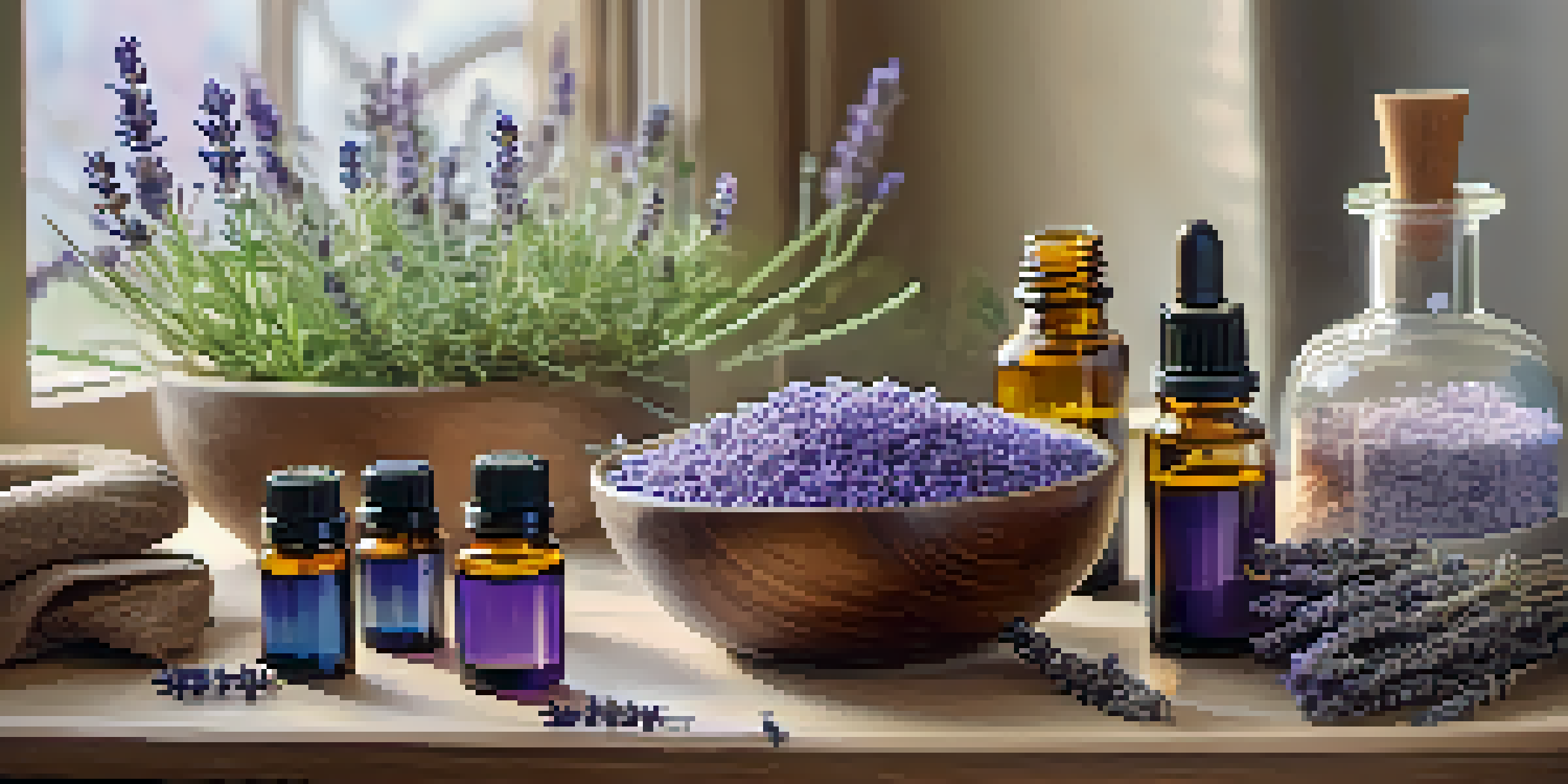A peaceful wellness scene with essential oil bottles, lavender, peppermint plants, and a diffuser, under soft natural lighting.