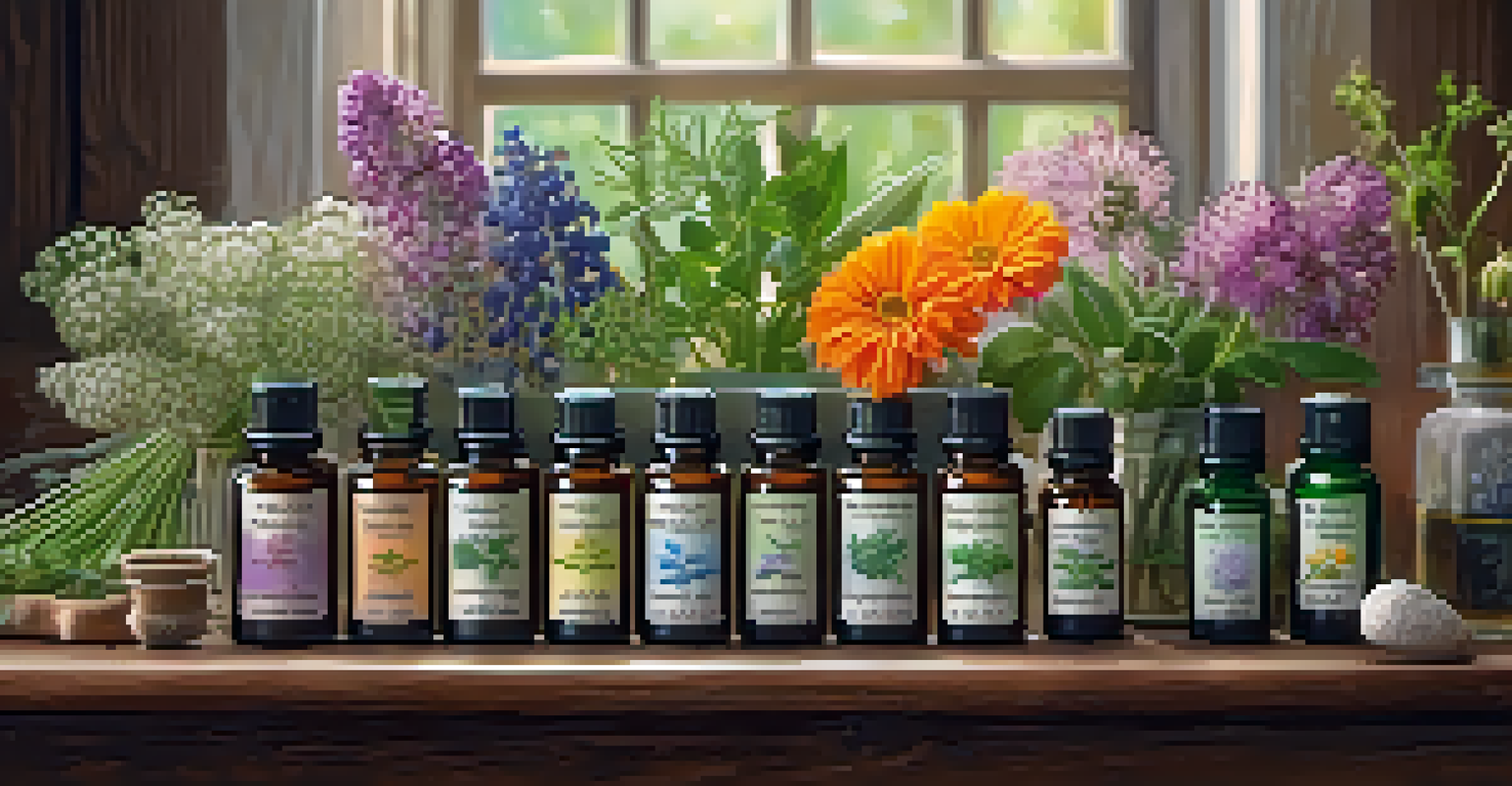 An artistic arrangement of homeopathic remedy bottles on a wooden table, surrounded by fresh herbs and flowers, with soft lighting.