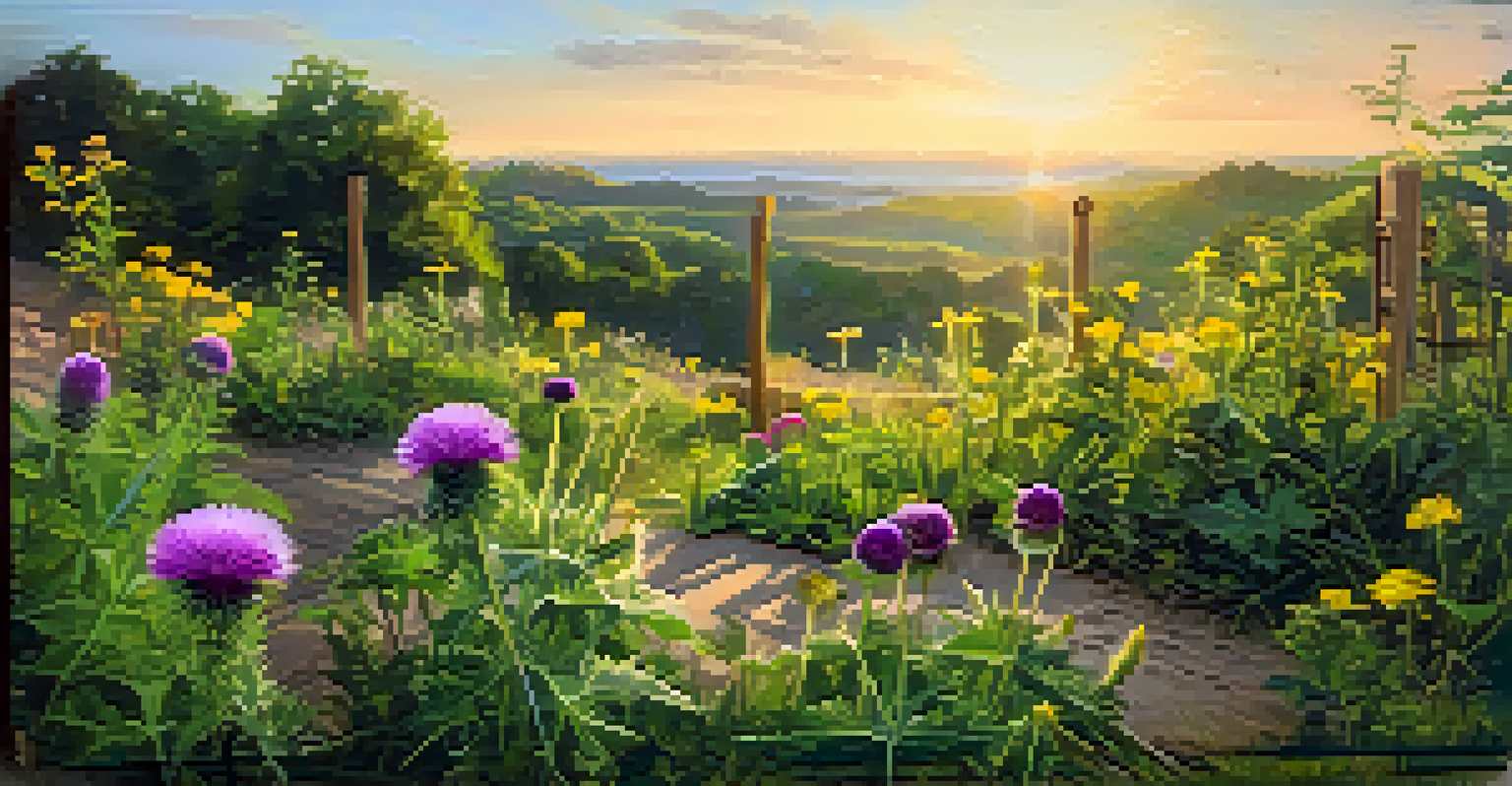 A lush herbal garden with various herbs under warm sunlight, featuring a sign labeled 'Herbal Remedies'.