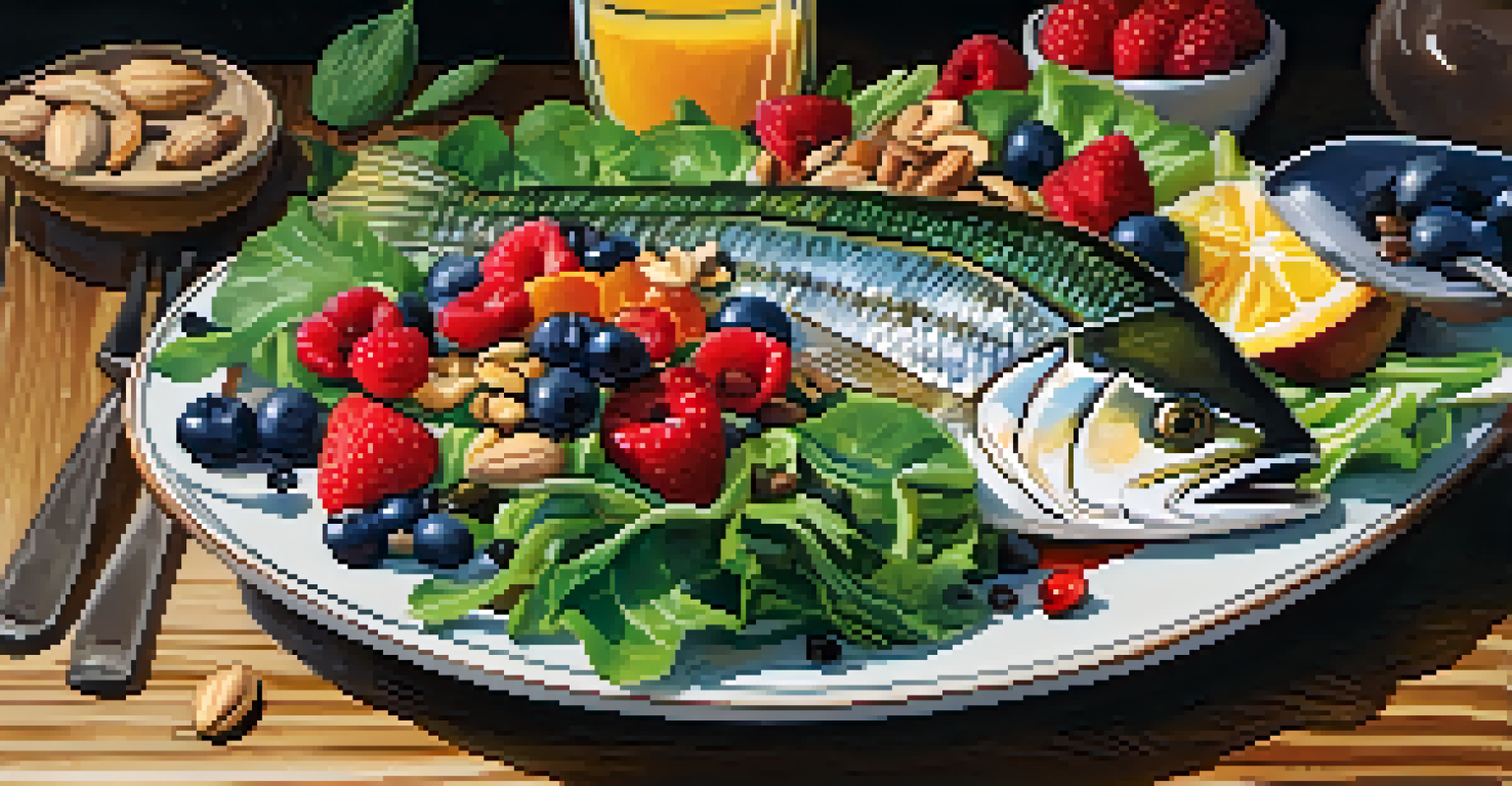 A close-up of a colorful plate filled with healthy whole foods like greens, berries, nuts, and fish, arranged on a rustic wooden table.