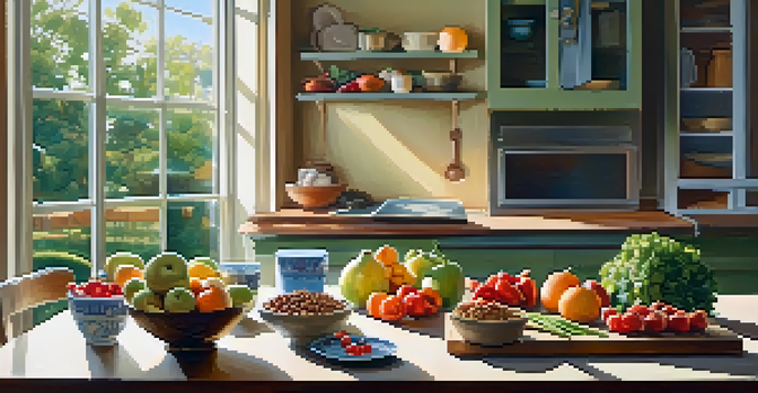 A bright kitchen table adorned with fresh fruits, vegetables, grains, and a glass of water, illuminated by soft morning light.