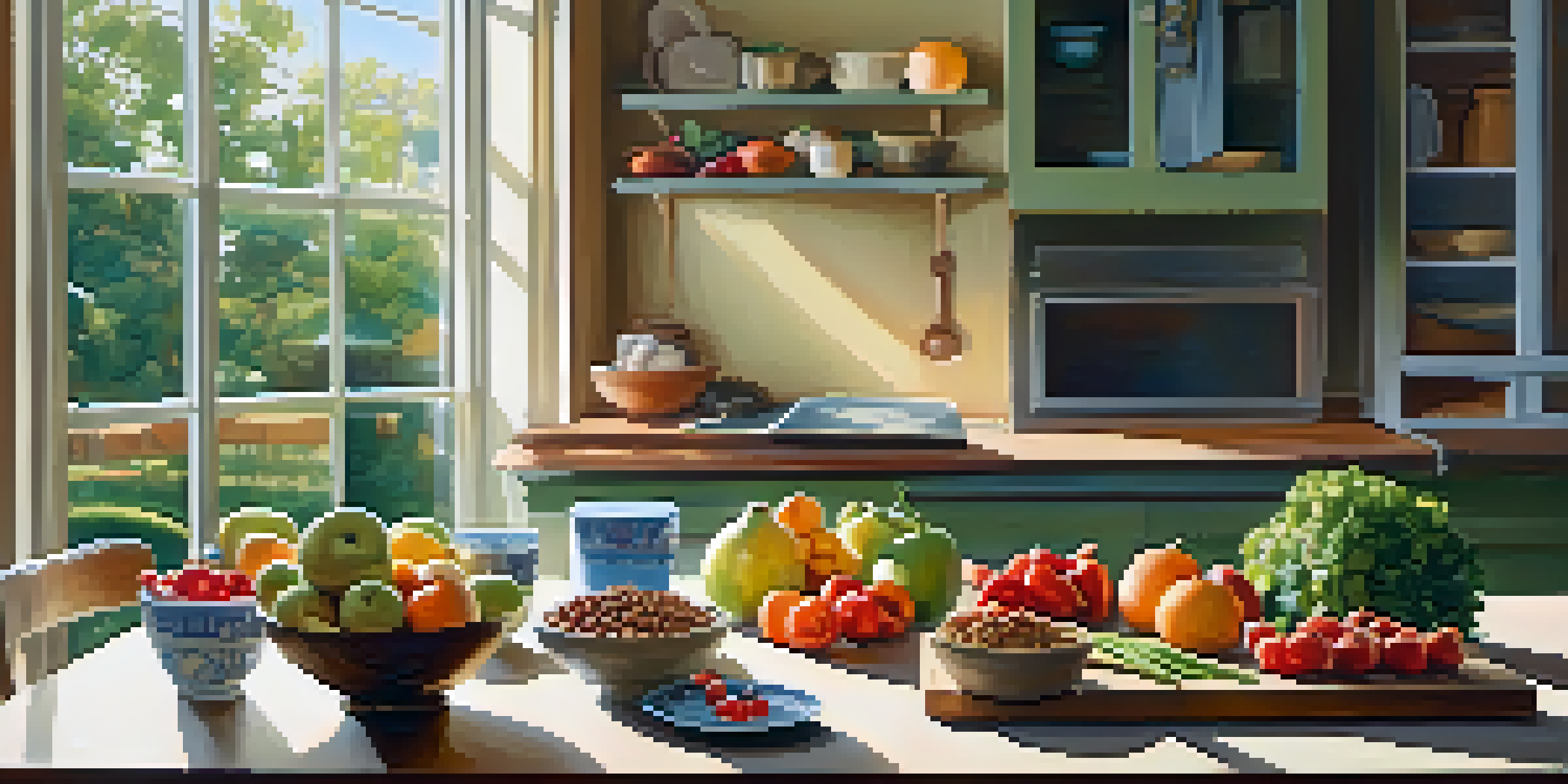 A bright kitchen table adorned with fresh fruits, vegetables, grains, and a glass of water, illuminated by soft morning light.