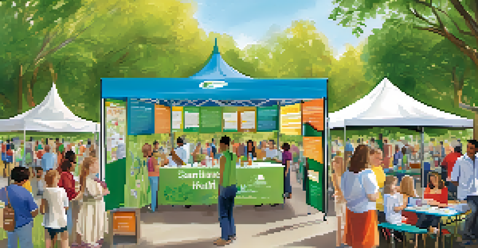 A lively community health fair in a park with various booths, people learning about naturopathy, and colorful banners.