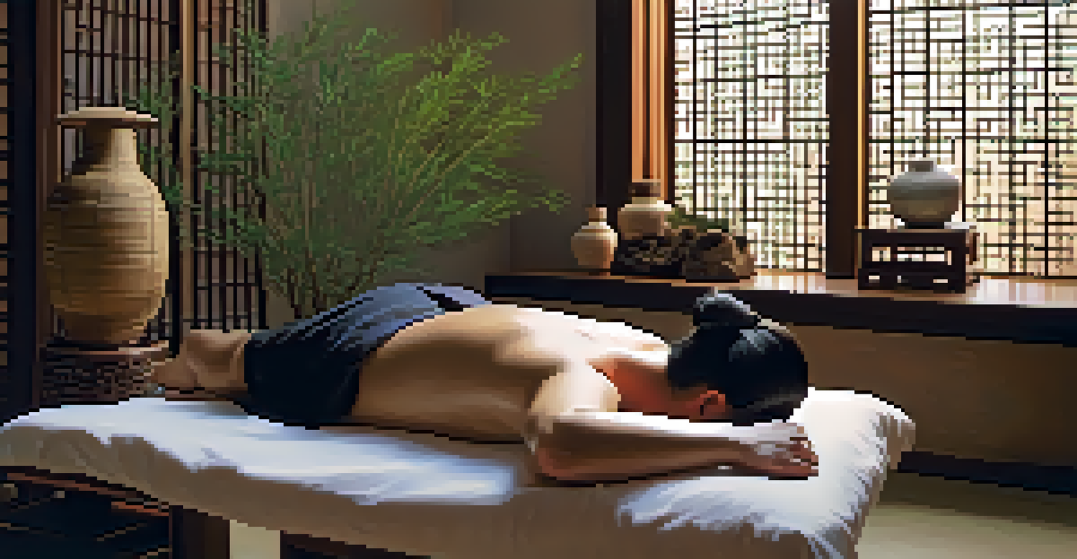Acupuncture needles above a patient's back in a tranquil setting with bamboo and stones.