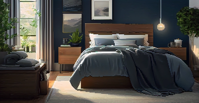 A serene bedroom with a neatly made bed, dark sheets, and calming ambient lighting, creating a peaceful atmosphere.