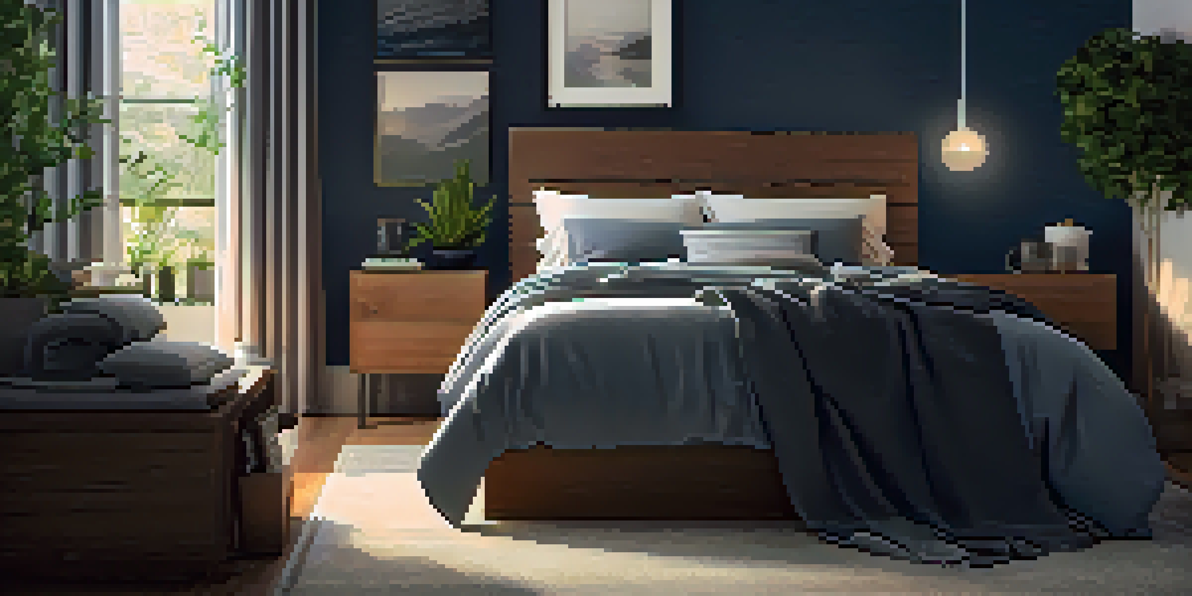 A serene bedroom with a neatly made bed, dark sheets, and calming ambient lighting, creating a peaceful atmosphere.