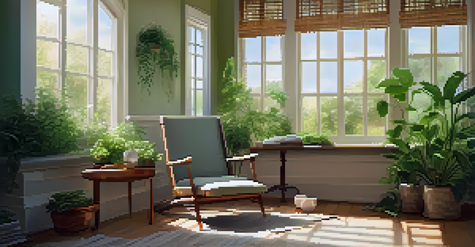 A bright and tranquil room with green plants, a comfortable chair, a table with herbal tea, and a book, conveying a sense of relaxation and wellness.