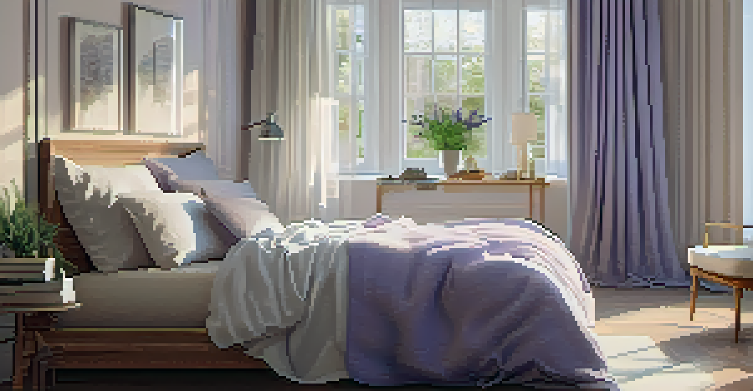 A serene bedroom with a neatly made bed, a bedside table with a lavender plant, and soft sunlight coming through curtains.