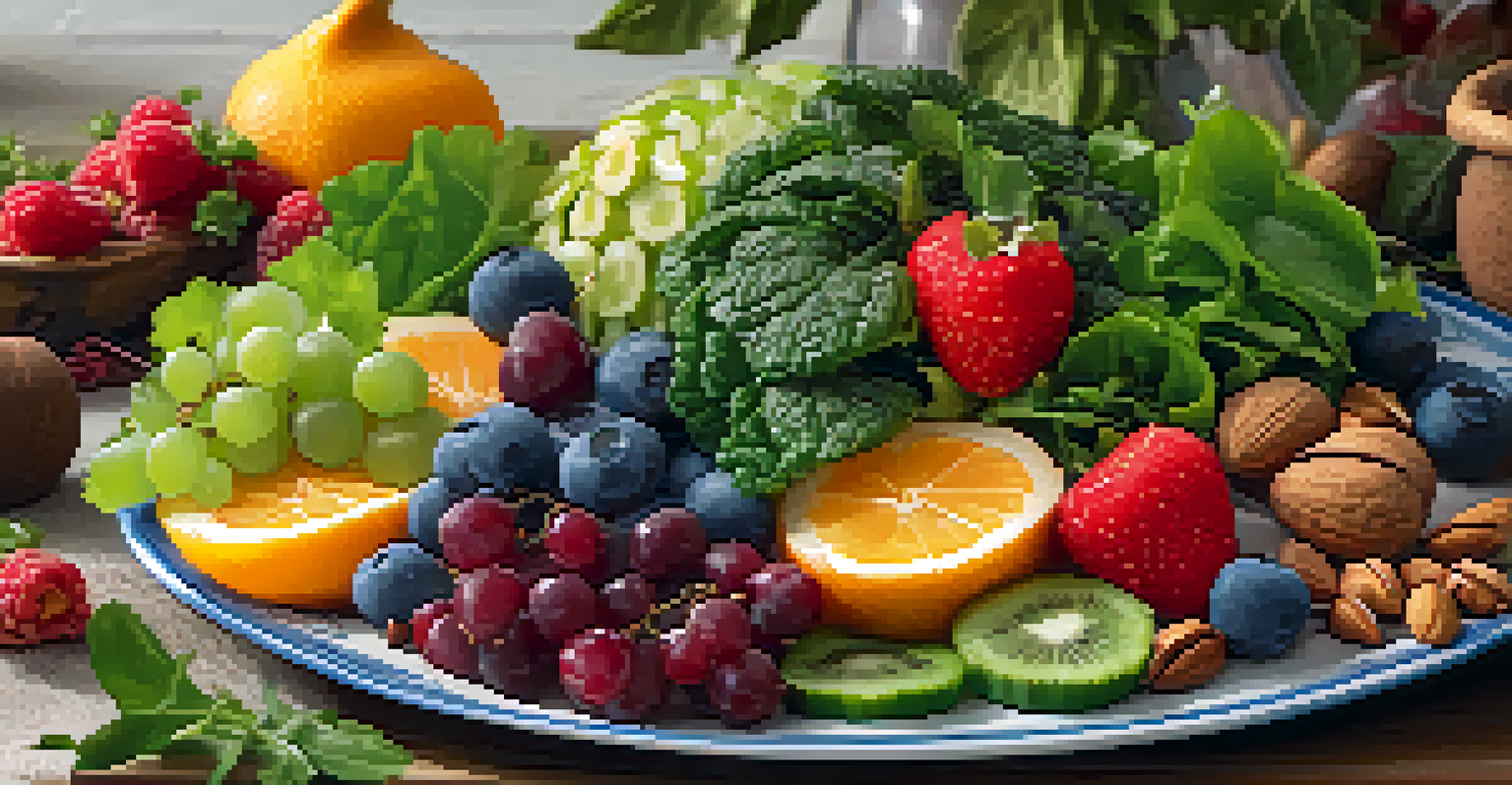 A close-up of a plate filled with vibrant fruits, leafy greens, and nuts, showcasing a healthy and mindful eating experience.