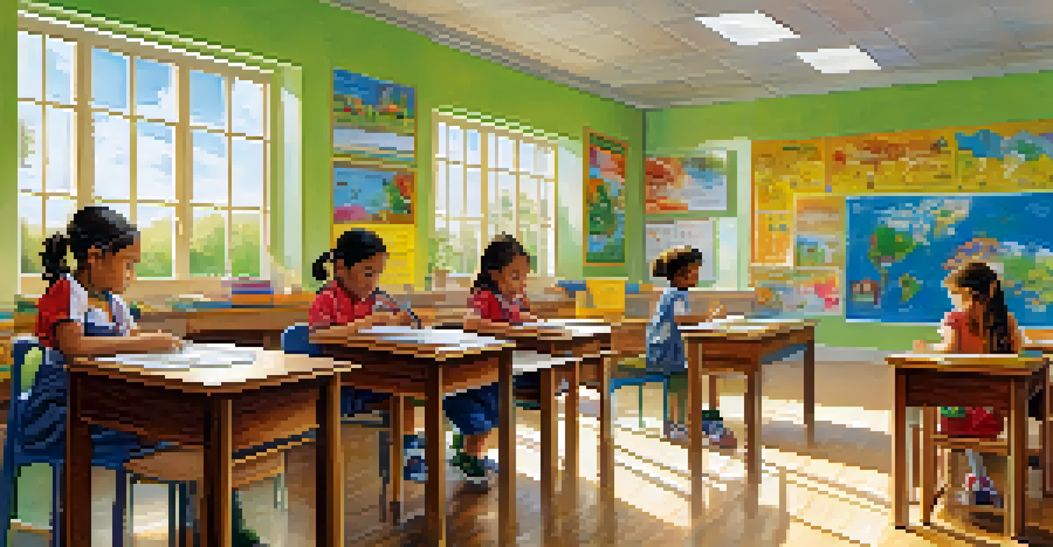 A vibrant classroom filled with children engaged in learning activities in a quiet and calm environment.