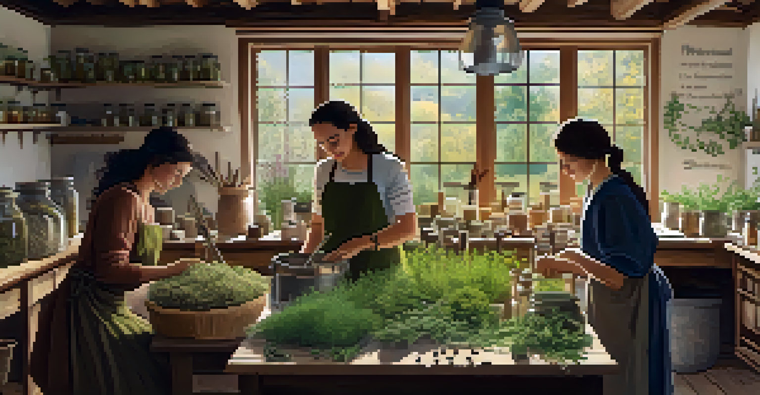 A group of people participating in an herbal workshop, surrounded by jars and herbs, illuminated by natural light from a window.