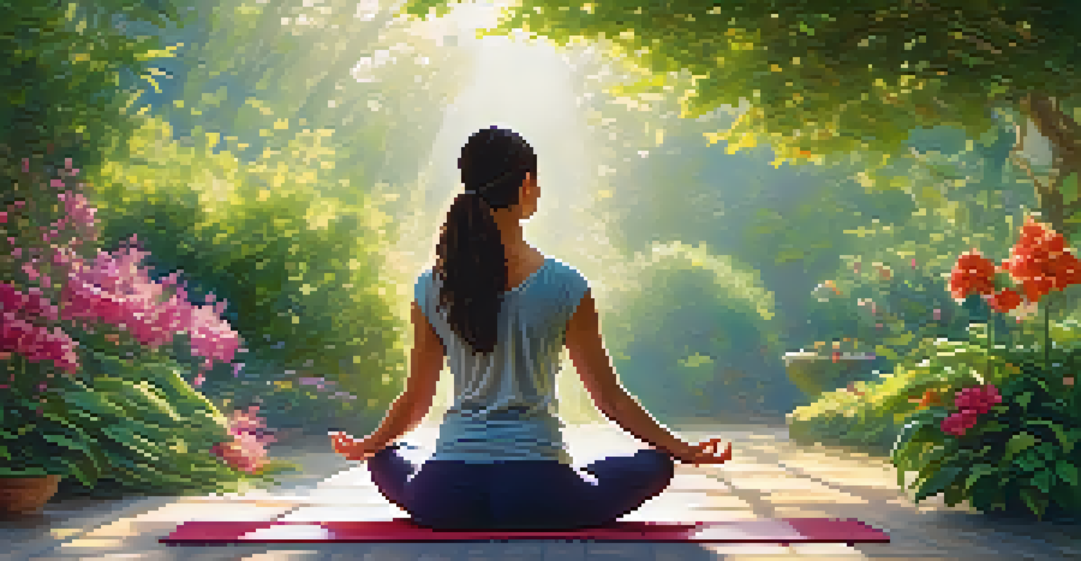 A person meditating on a yoga mat in a tranquil garden filled with greenery and flowers.