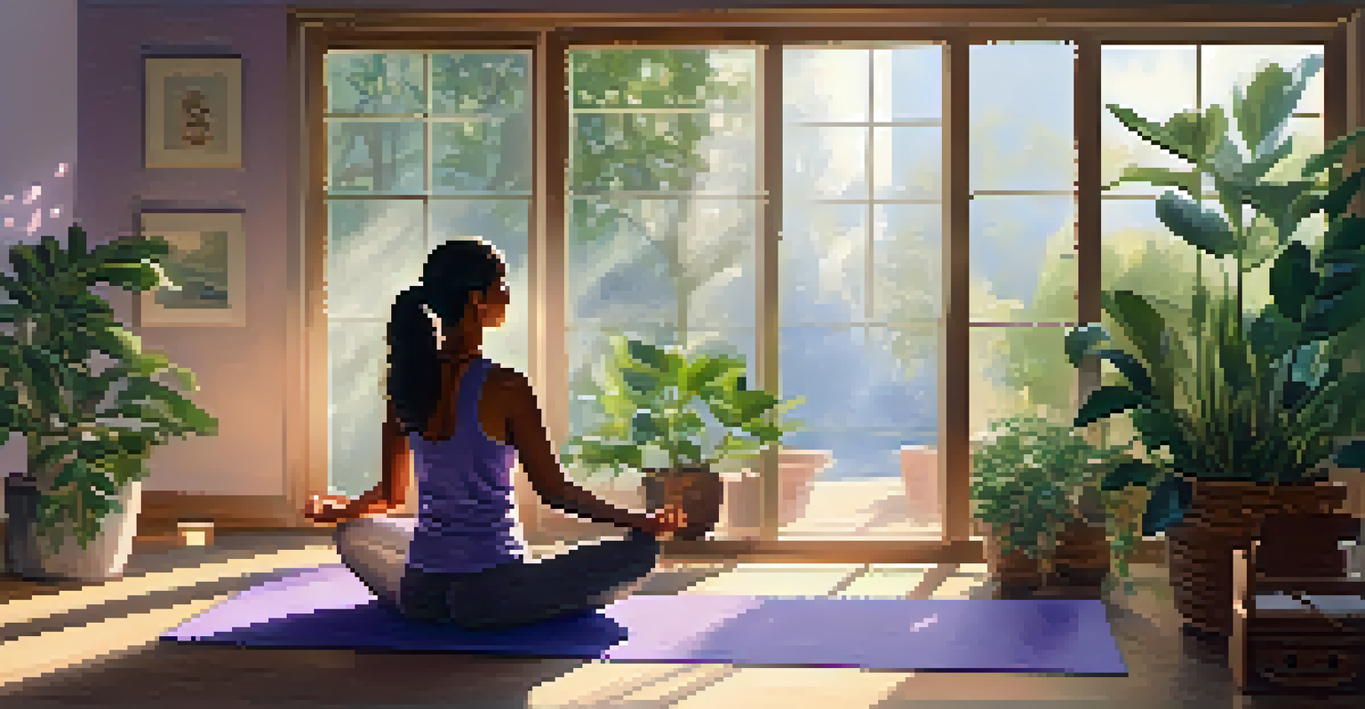 A person practicing mindfulness while sitting cross-legged on a yoga mat in a sunlit room filled with houseplants and a lavender diffuser.