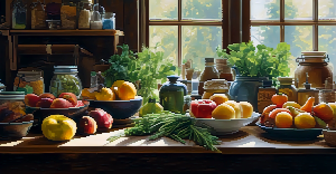 A rustic kitchen table with an array of fresh fruits, vegetables, and herbs, illuminated by soft natural light.