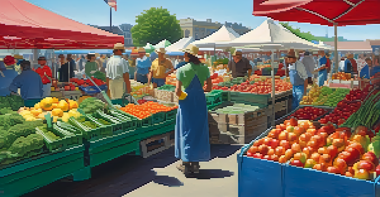 A lively farmer's market with colorful fresh produce and people shopping in bright sunlight.