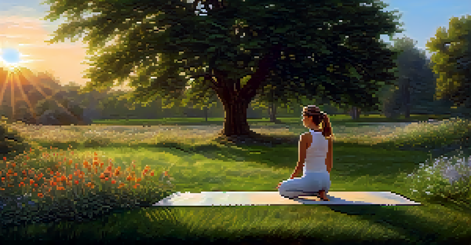 A woman practicing yoga in a green park during sunset, surrounded by wildflowers.