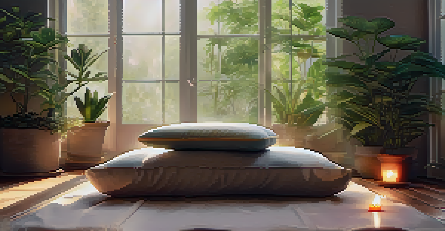 A peaceful meditation space with a cushion, candles, and plants, designed for relaxation and mindfulness.