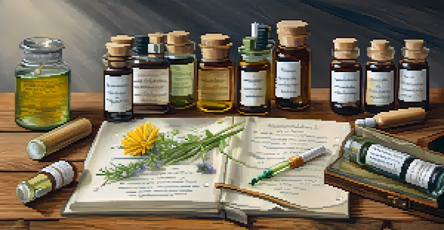 Various homeopathic remedies in glass vials on a wooden table, accompanied by Arnica montana flowers and a notebook.