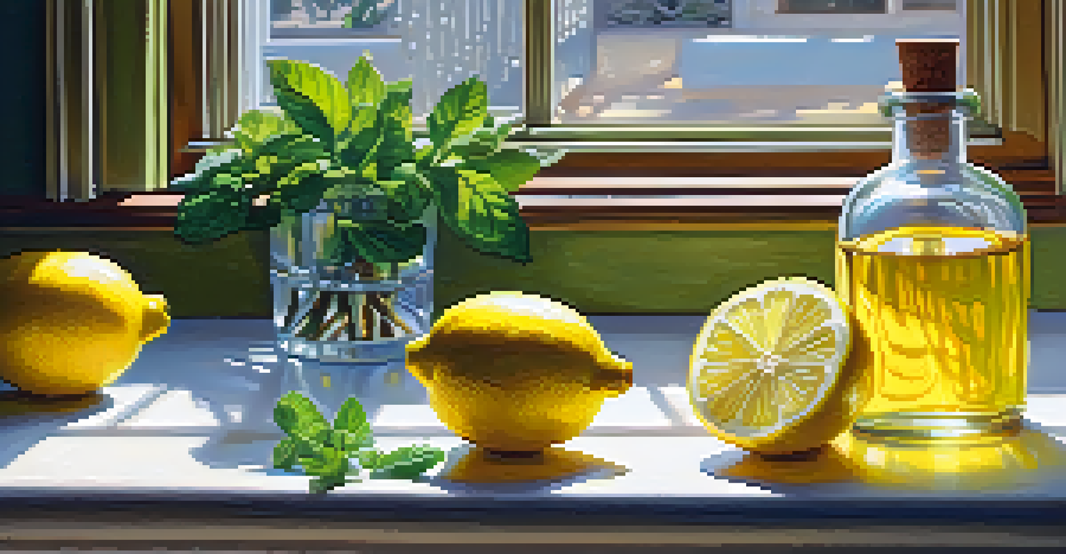 A kitchen with lemon essential oil, sliced lemons, and mint on a cutting board illuminated by sunlight.