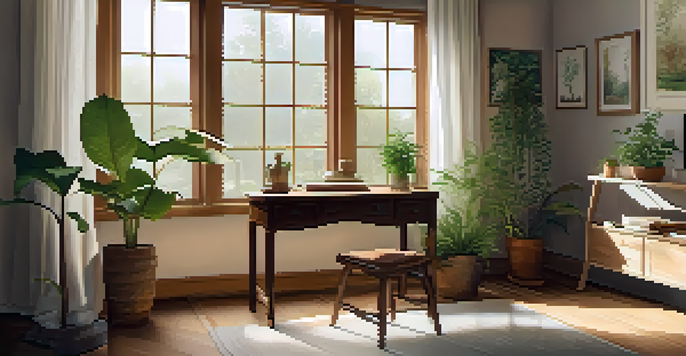 A peaceful naturopathic consultation room with herbal remedies and plants, illuminated by soft natural light.