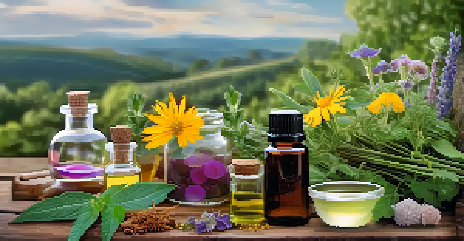A close-up of hands holding colorful herbal remedies and essential oils with a nature backdrop, emphasizing natural healing.